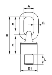 Műszaki rajz és méretjelölések a csavaros csapágyazott emelőszemhez